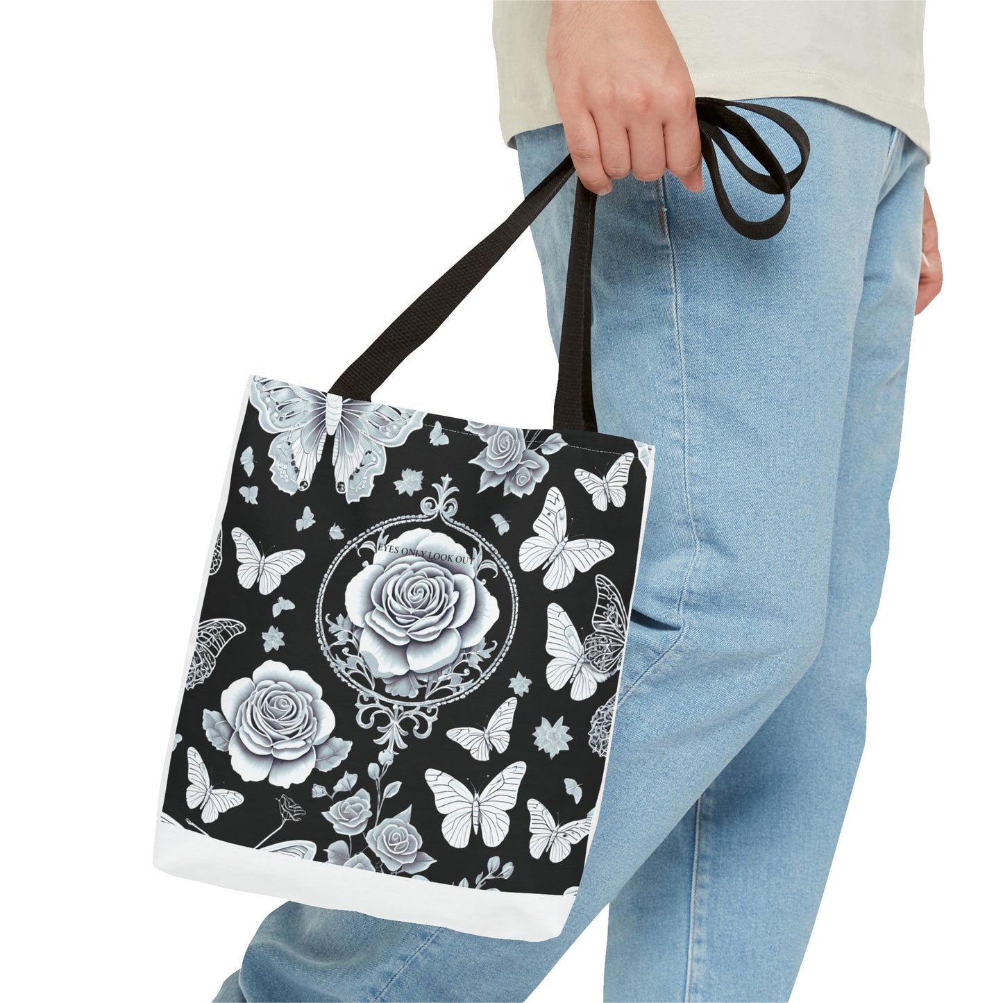 Black and Blue Rose Butterfly Tote Bag, Floral Shopping Bag, Stylish Beach Tote, Nature Lover Gift, Botanical Print Handbag