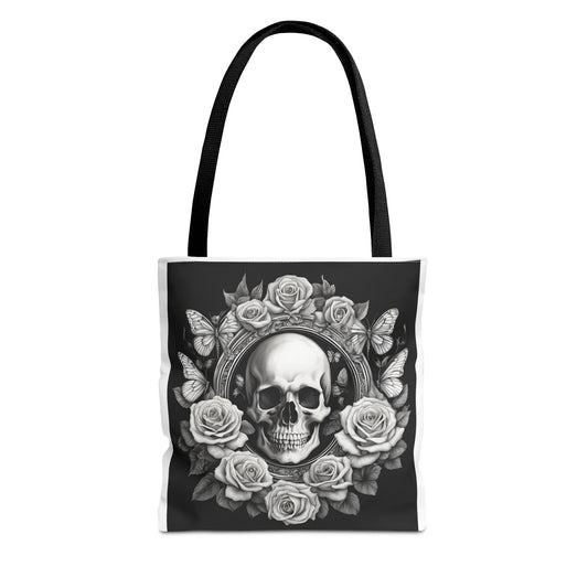 Goth Tote Bag, Black Skull and Rose Visualization, Alternative Handbag, Gothic Shoulder Bag, Dark Floral Print Purse, Halloween Accessories