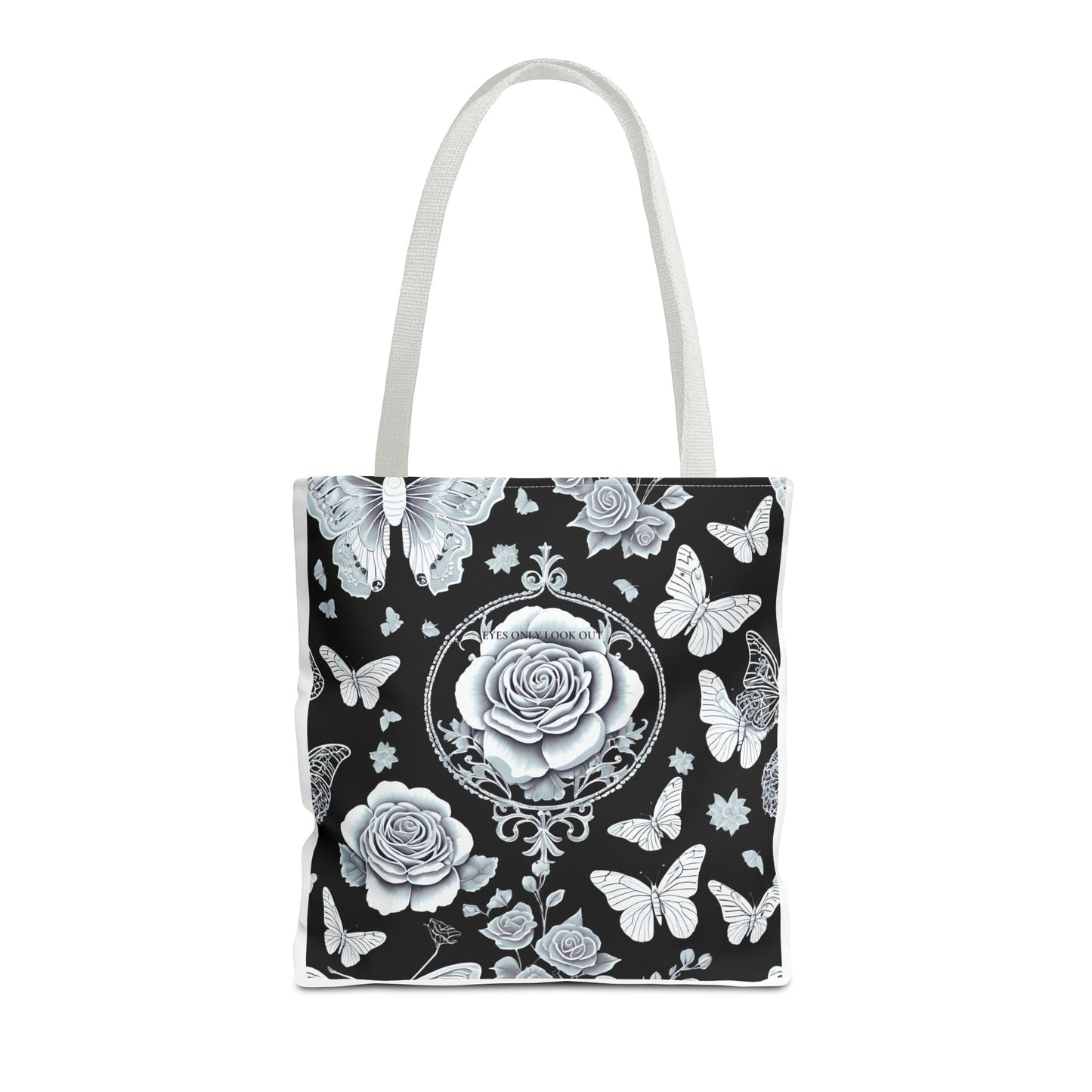 Black and Blue Rose Butterfly Tote Bag, Floral Shopping Bag, Stylish Beach Tote, Nature Lover Gift, Botanical Print Handbag