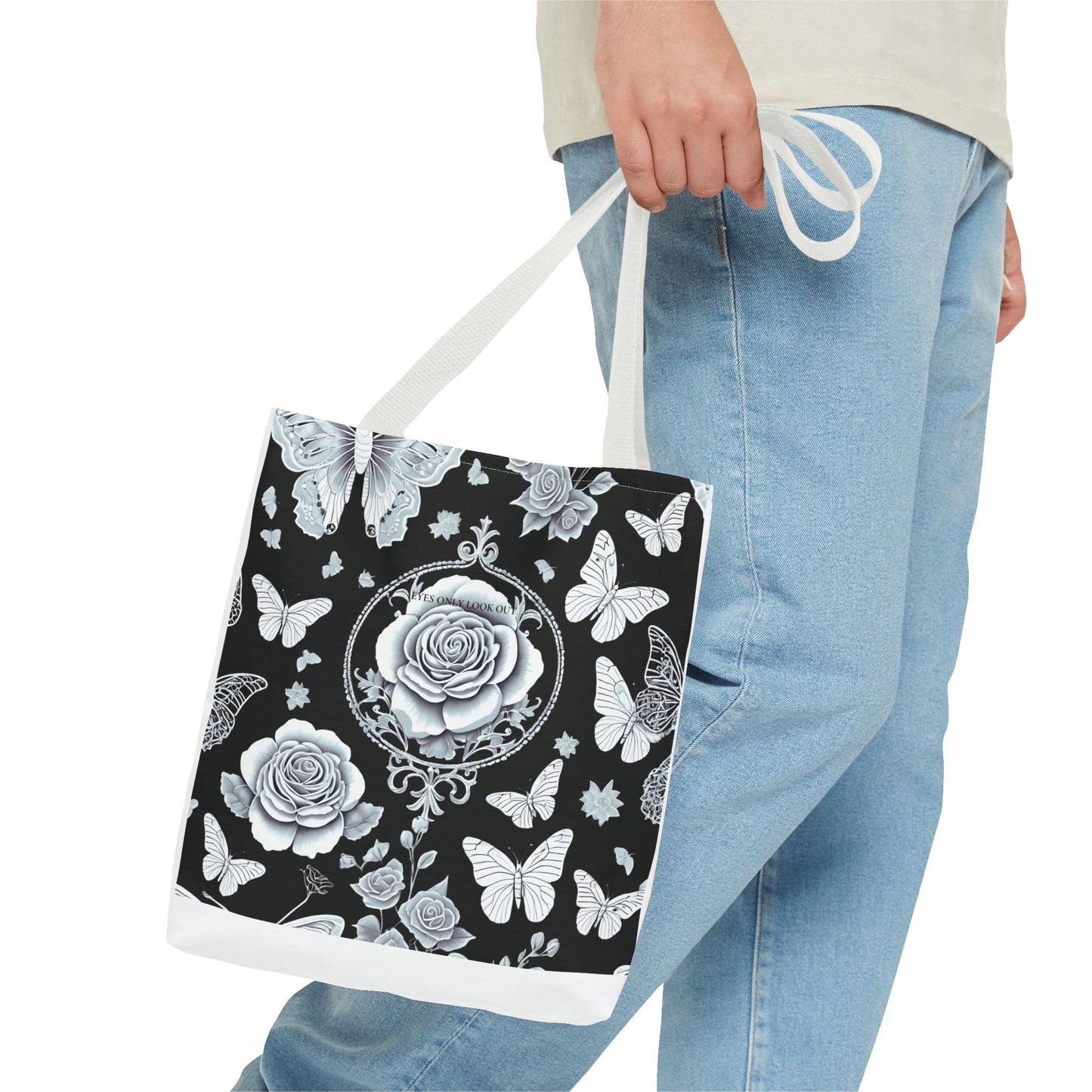 Black and Blue Rose Butterfly Tote Bag, Floral Shopping Bag, Stylish Beach Tote, Nature Lover Gift, Botanical Print Handbag