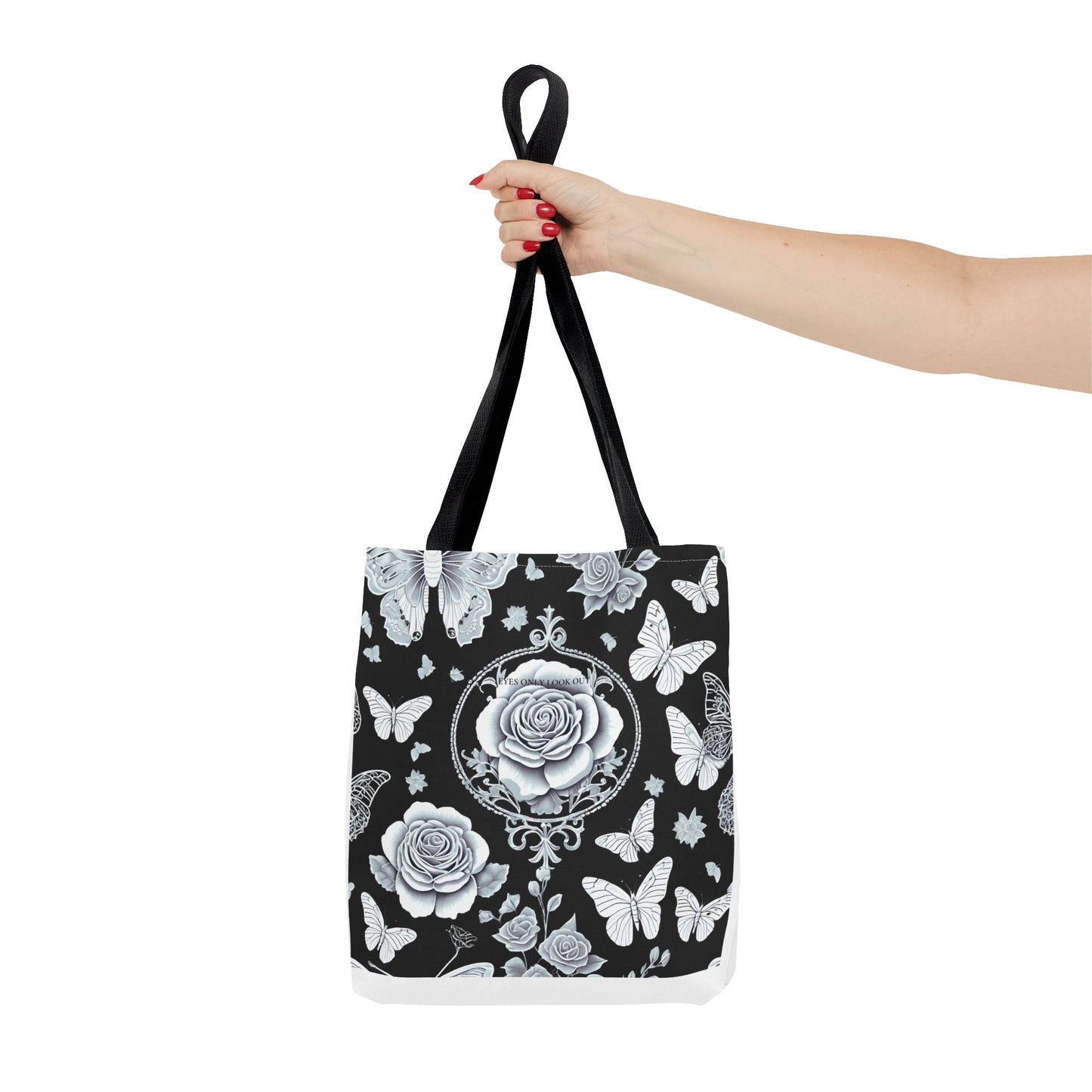 Black and Blue Rose Butterfly Tote Bag, Floral Shopping Bag, Stylish Beach Tote, Nature Lover Gift, Botanical Print Handbag